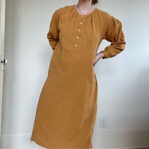 Women's Mustard Long Sleeve Button-Front Dress